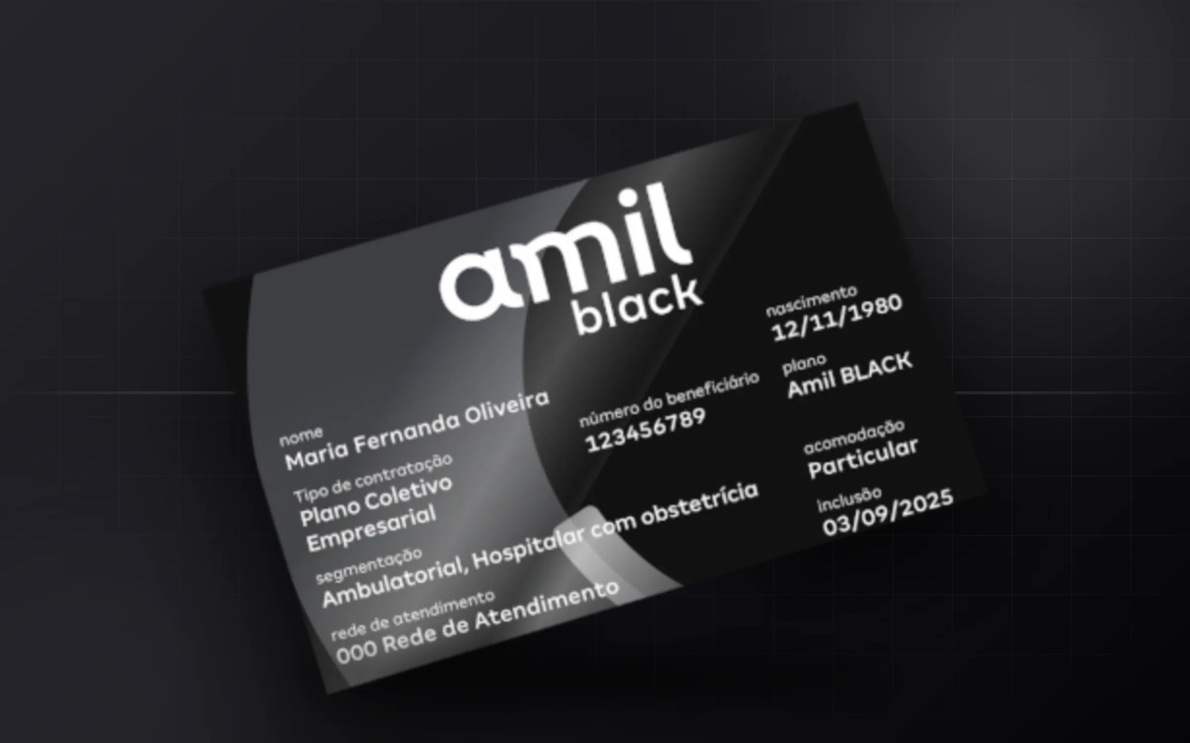 Cartão do beneficiário Amil Black (imagem ilustrativa da operadora, com dados fictícios)