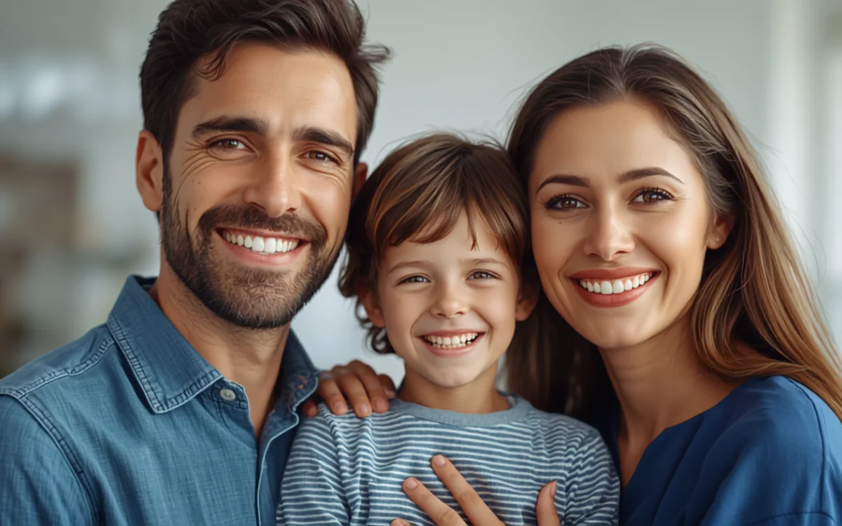 Família sorrindo em casa: pai, mãe e filho com dentes saudáveis, representando o Amil Dental individual e familiar