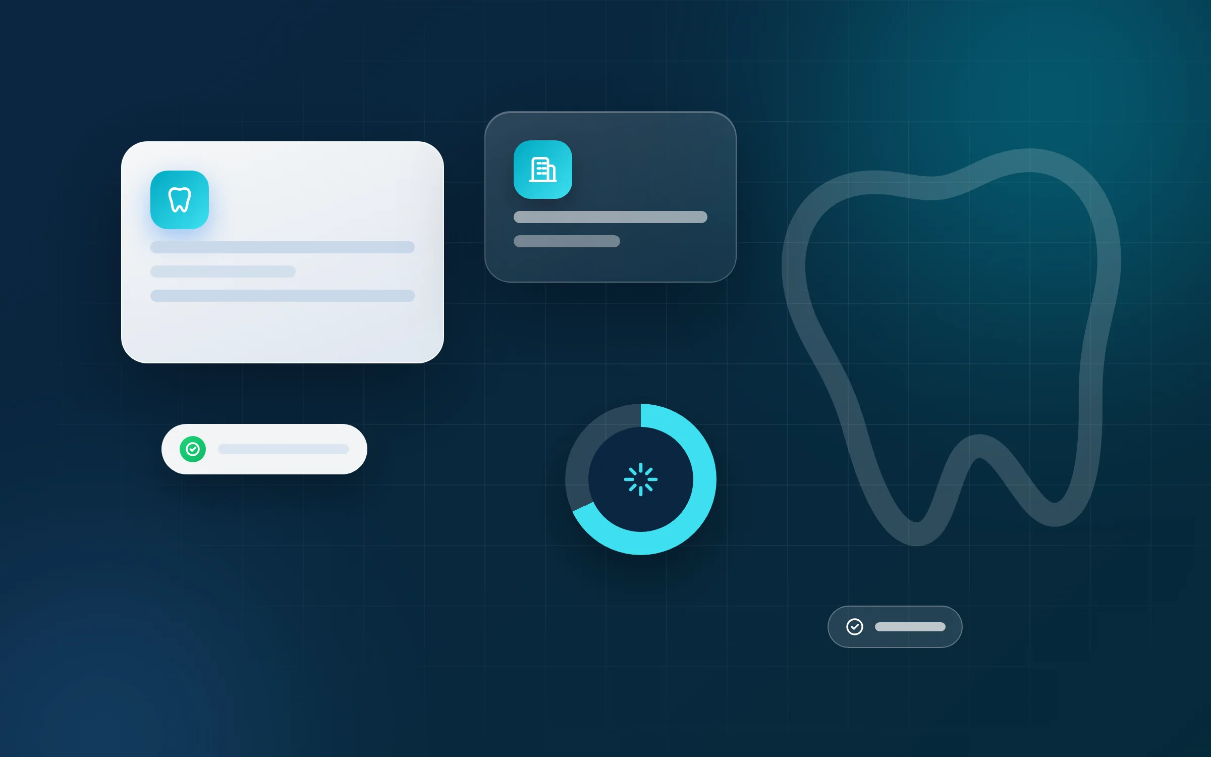 Ilustração em tons azul e ciano: dente e prédio representando o Amil Dental para empresas